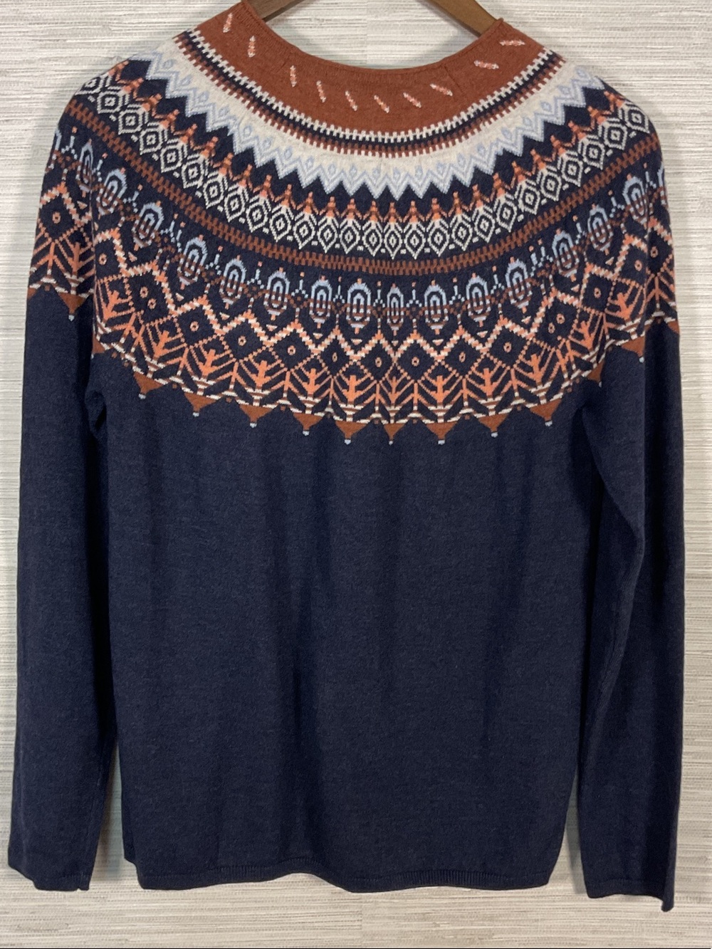 Royal Robbins Westlands Fair Isle Crew Sweater Merino Wool Blend Med Blue Brown - Picture 11 of 14